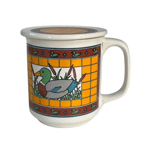 Country Feeling Duck-Themed Ceramic Coaster Mug With Lid Coaster New - Picture 1 of 10